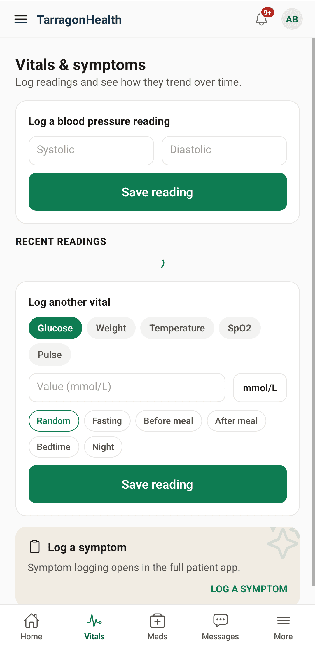The TarragonHealth app's blood pressure logging screen, with fields for systolic and diastolic readings and a list of recent readings.