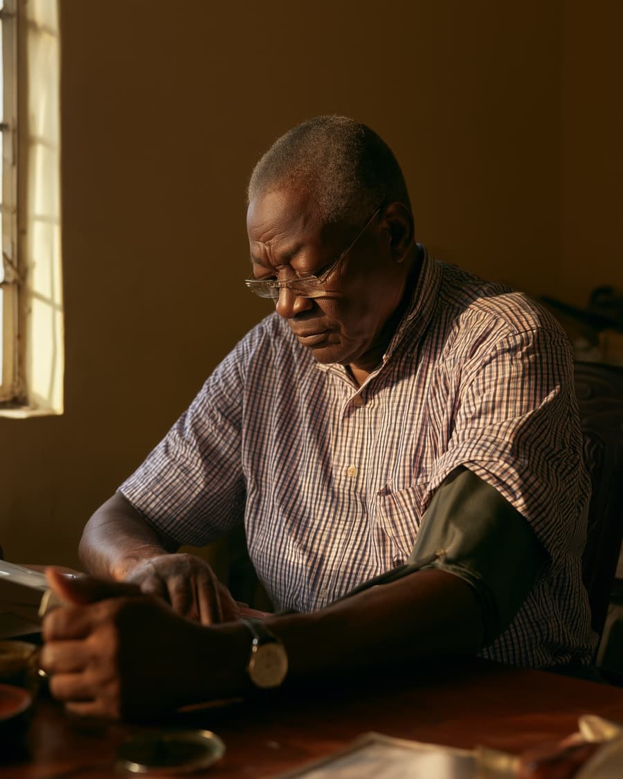 An older man checking his blood pressure at home with a paper record beside him