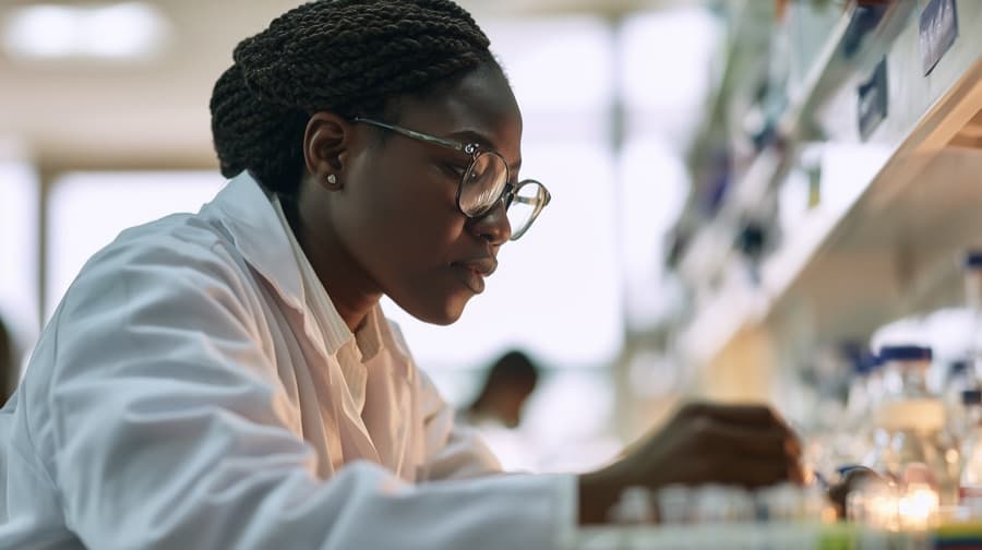 A laboratory technician handling sample tubes at a clean bench