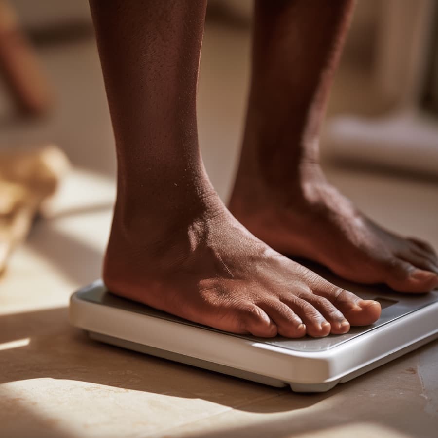 Bare feet standing on a bathroom scale