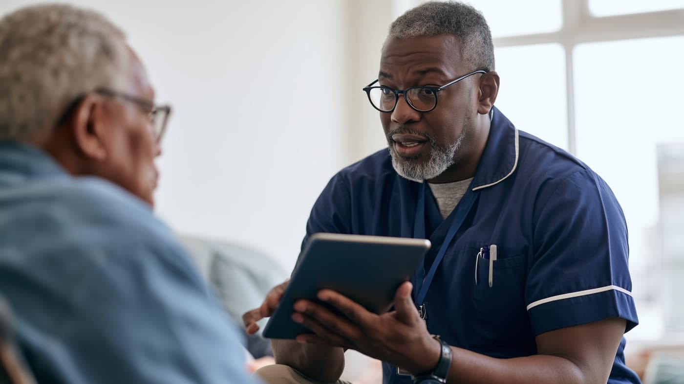 A clinician reviewing a tablet with a seated older patient