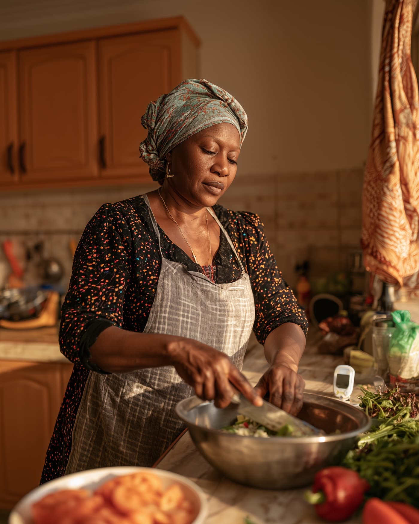 A woman preparing a meal at home with her glucometer on the counter beside her