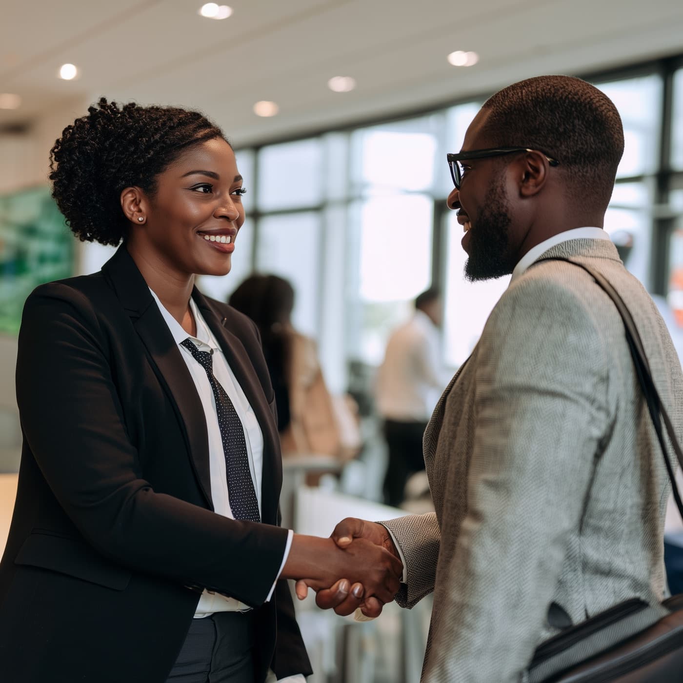 Two business partners shaking hands and smiling in an office lobby