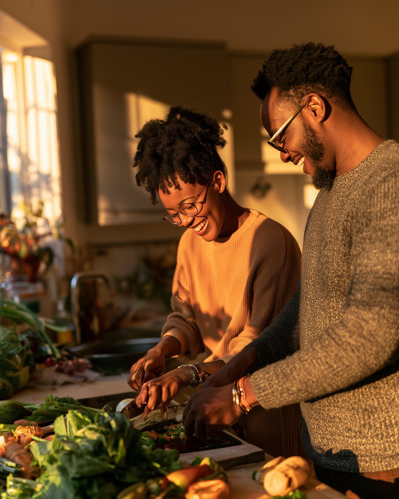 A couple cooking a healthy meal together at home, laughing