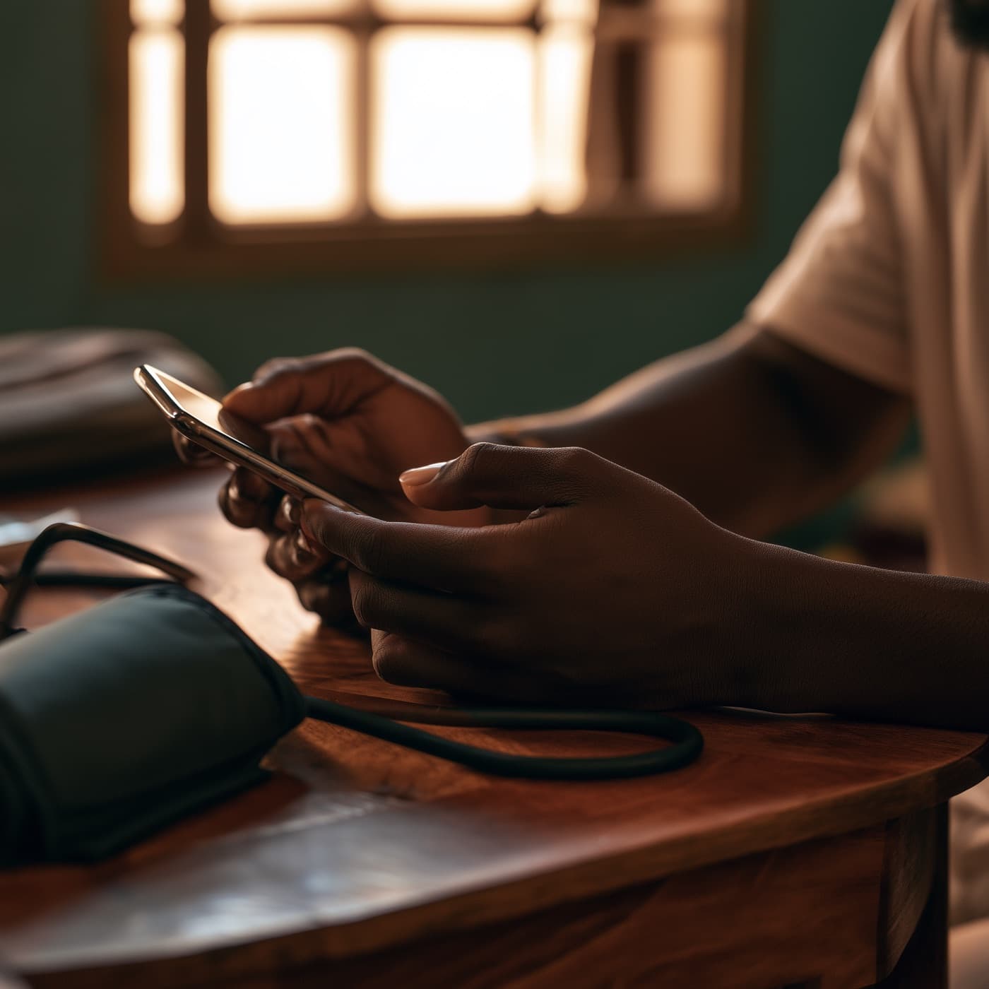 A hand holding a phone beside a blood pressure cuff on a table