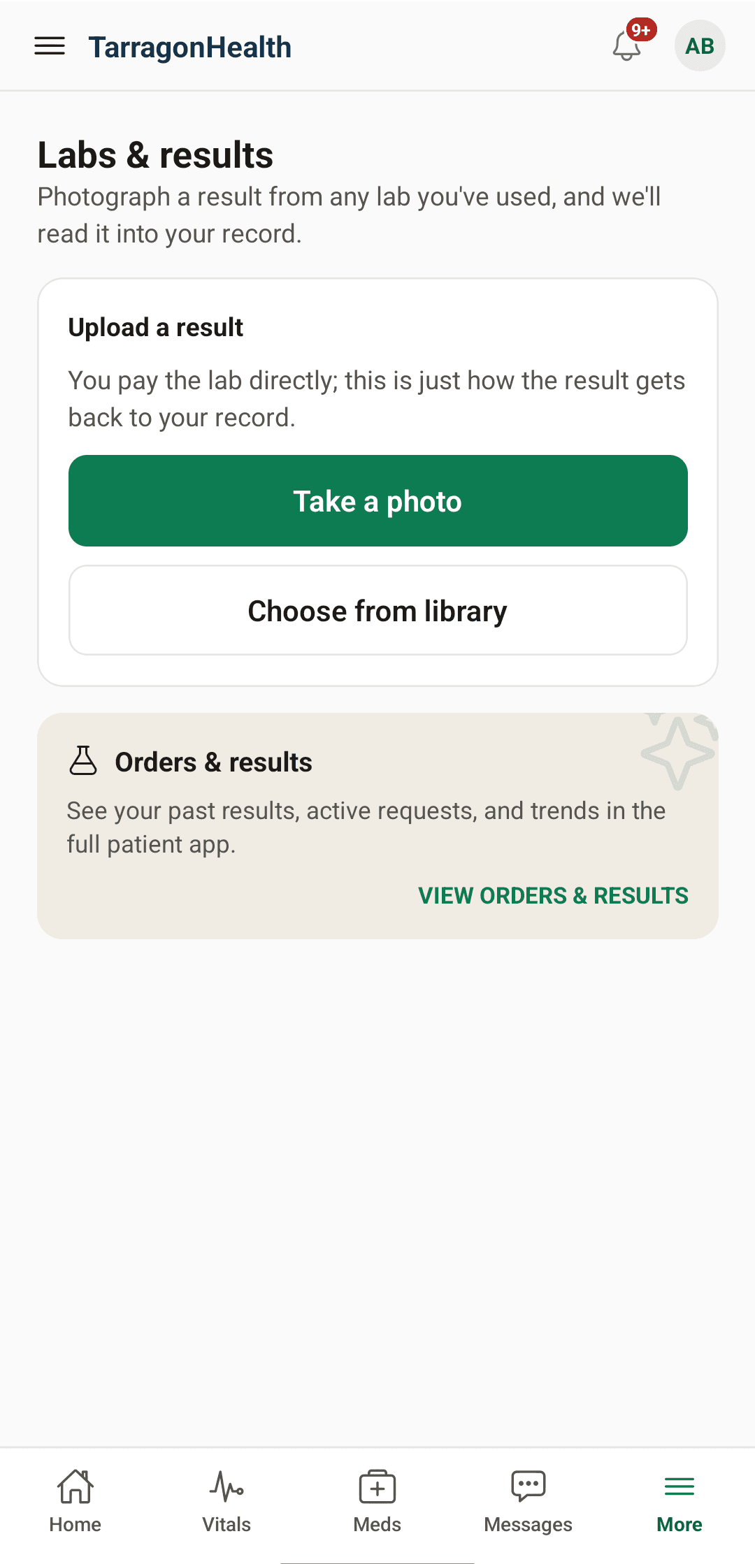 The TarragonHealth app's Labs & results screen, with options to photograph a result or view past orders and results.