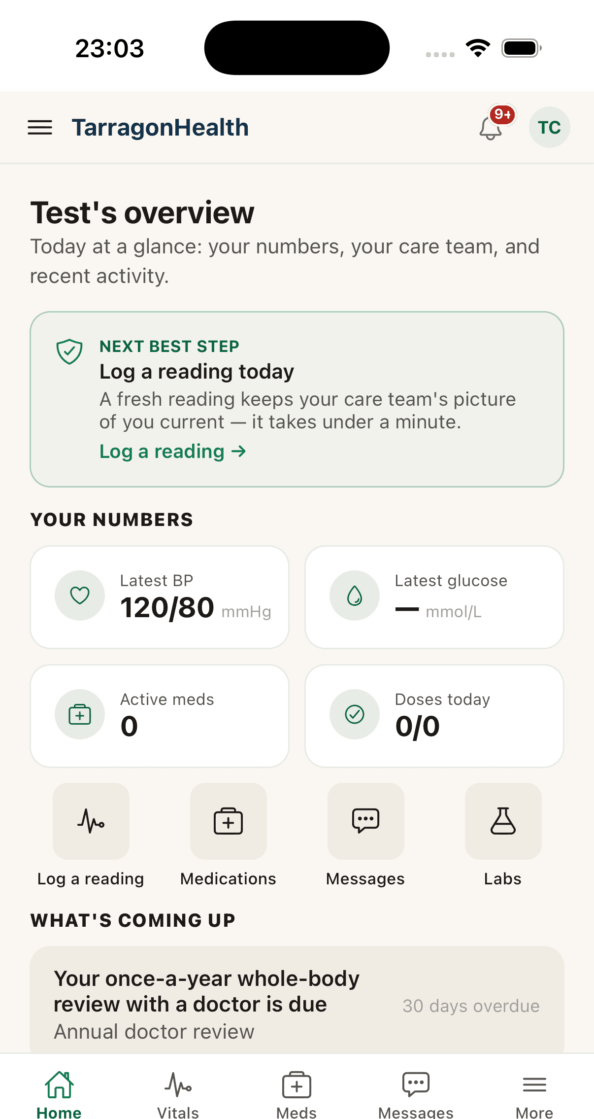 The TarragonHealth patient app's Overview screen, showing a blood pressure reading, quick actions, and what's coming up next.