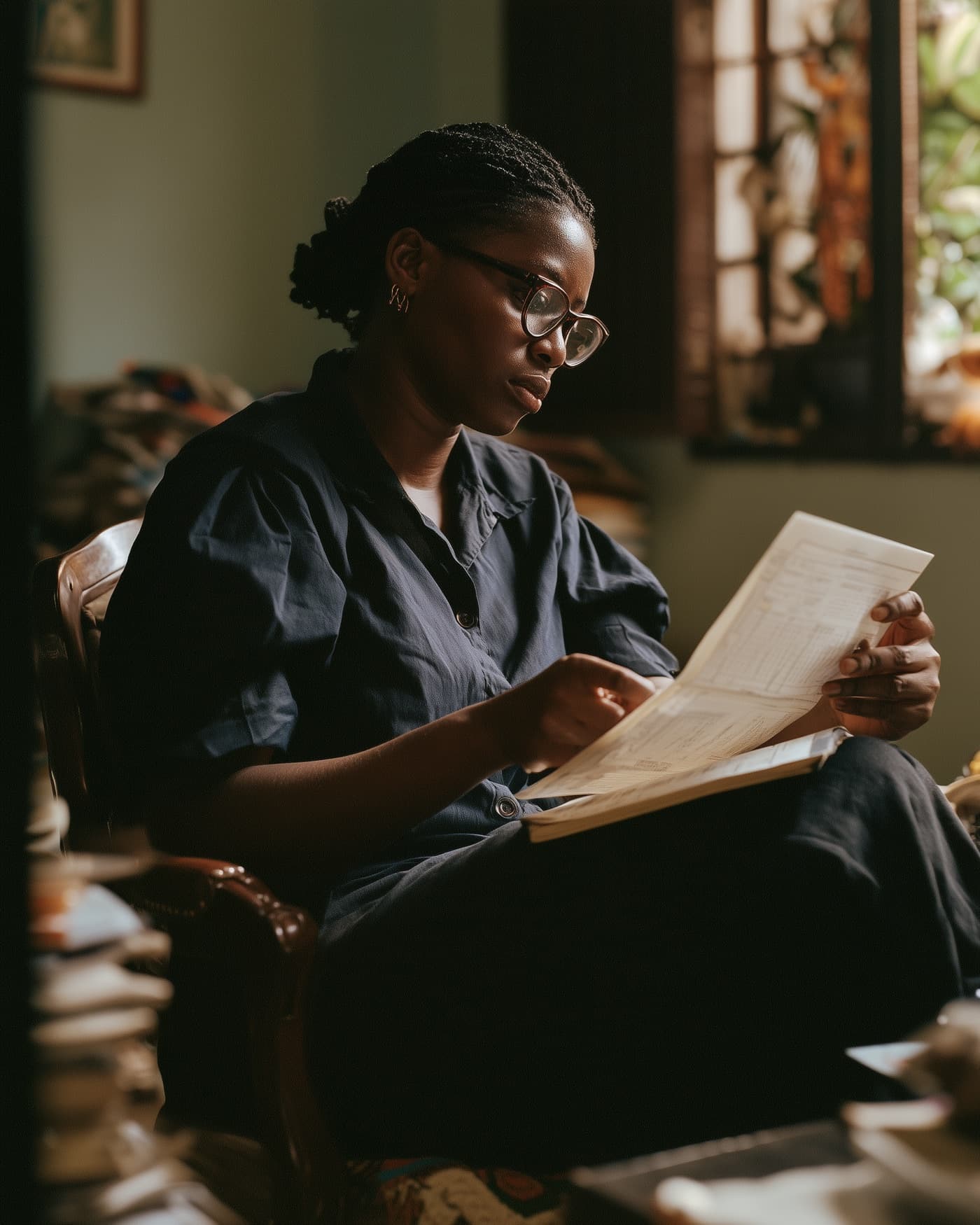 A woman reviewing a printed health document at home