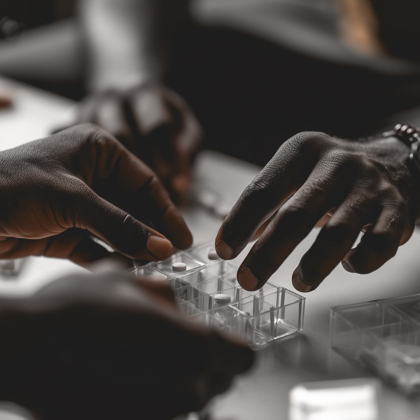 Close-up of two people's hands sorting medication into a weekly pill organiser