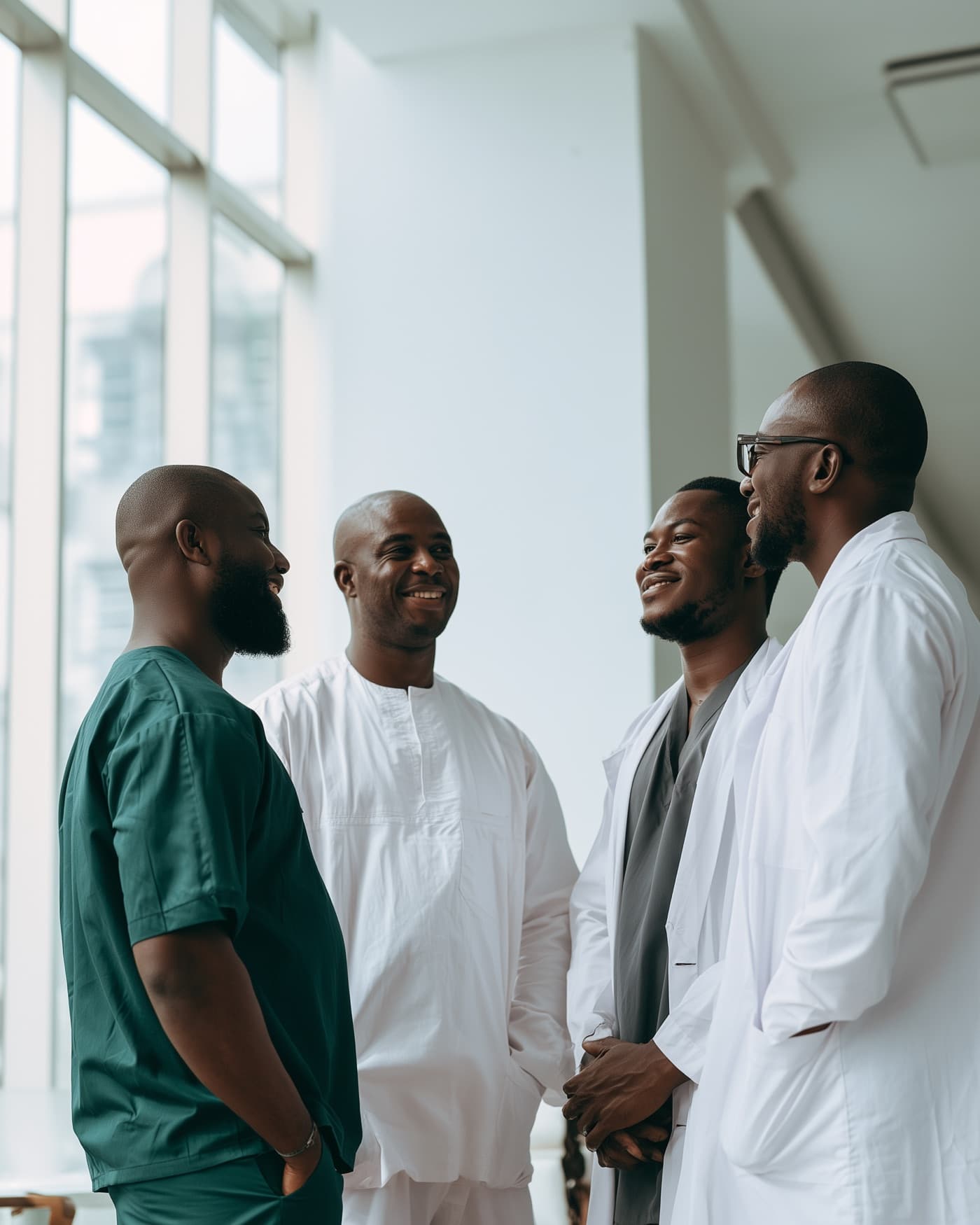 Clinicians talking together in a bright hospital hallway