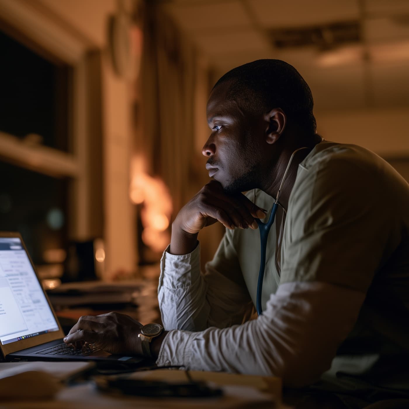 A doctor thoughtfully reviewing patient notes at a laptop in the evening