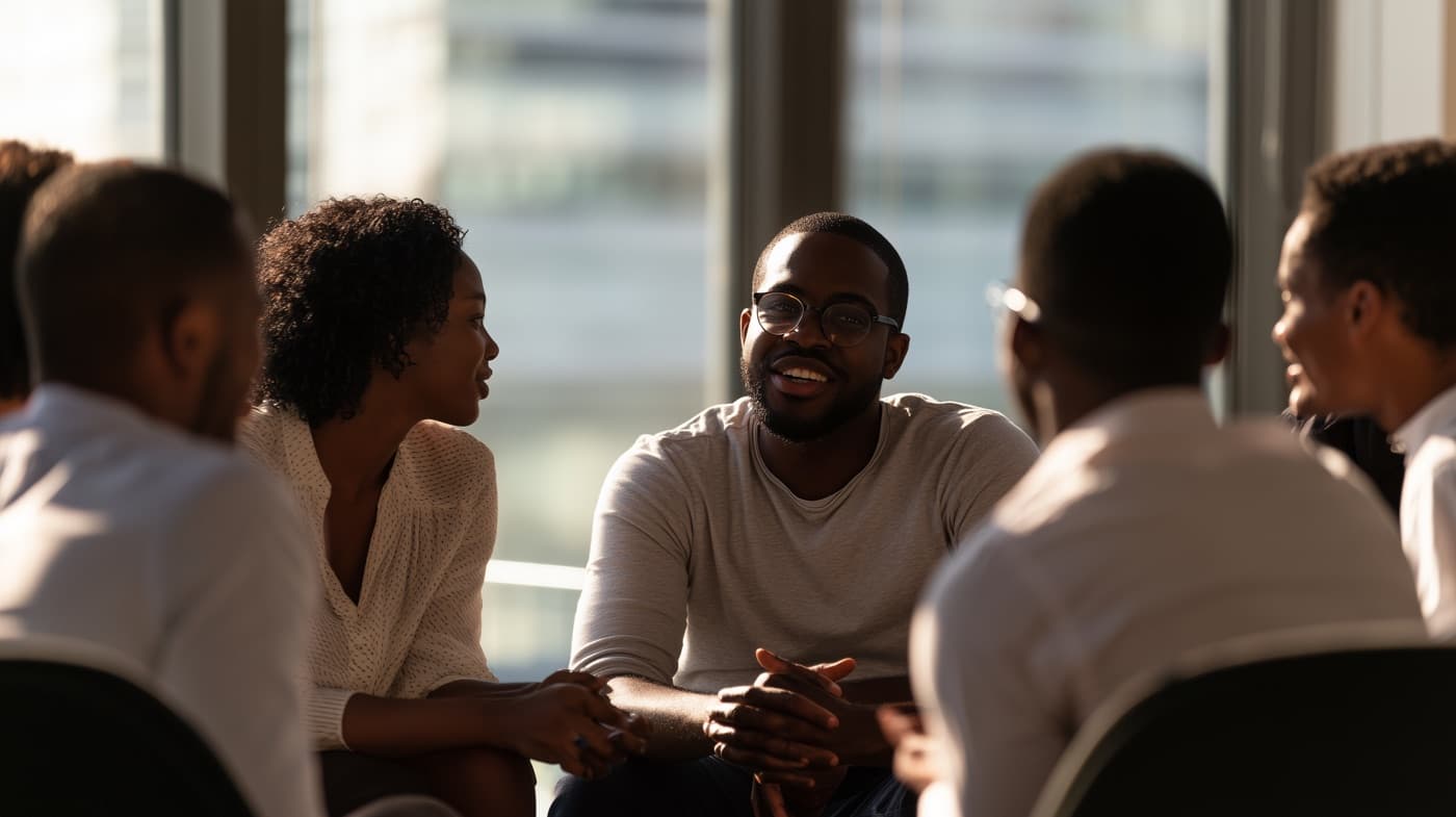 Colleagues talking together warmly in a bright office