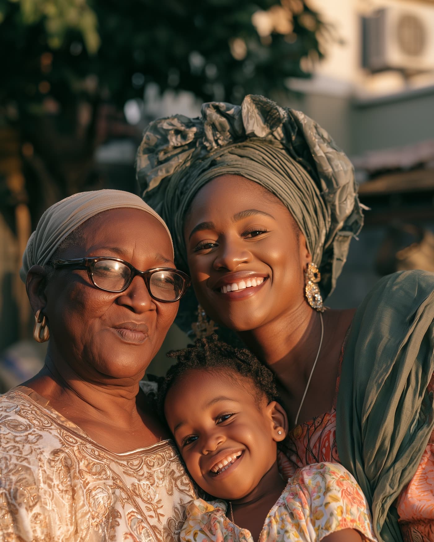 A grandmother, mother, and child together outdoors in golden-hour light