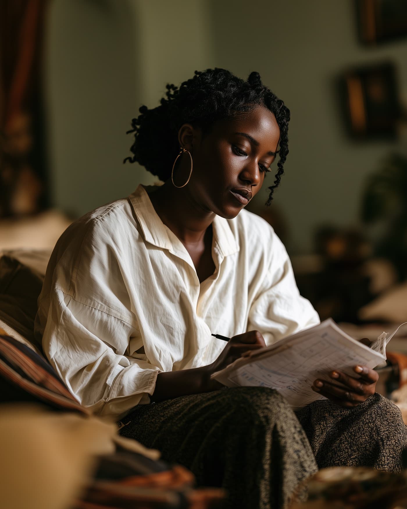 A woman reviewing her personal health notes at home
